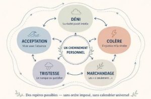 Les cinq étapes dans le processus du deuil proposées par la psychiatre Elisabeth Kübler-Ross : déni, colère, marchandage, tristesse, acceptation.